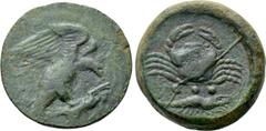 Greek Coins SICILY. Akragas. Ae Tetras (Circa 450-415/06 BC). Obv: Eagle right, head lowered, holding hare in its talons. Rev: Crab; below, three pellets (mark of value) and crayfish right. CNS 50; SN