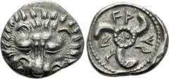 Greek Coins DYNASTS OF LYCIA. Wekhssere II (Circa 400-380 BC). Tetrobol. Tlos. Obv: Facing scalp of lion. Rev: Triskeles within incuse circle; two Lycian letters at center; all within pelleted circle 