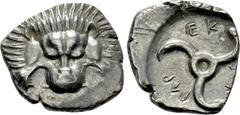 Greek Coins DYNASTS OF LYCIA. Perikles (Circa 380-360 BC). Tetrobol. Uncertain mint, possibly Limyra. Obv: Facing scalp of lion. Rev: Triskeles within incuse circle. Müseler VIII.47-51; SNG von Aulock