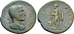 Roman Provincial Coins TROAS. Alexandria. Maximinus Thrax (235-238). Ae As. Obv: IMP MAXIMINVS PIVS AVG. Laureate, draped and cuirassed bust right. Rev: COL AVG ALE TRO. Statue of Apollo Smintheus lef
