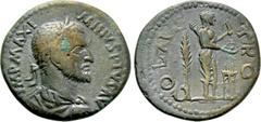 Roman Provincial Coins TROAS. Alexandria. Maximinus Thrax (235-238). Ae As. Obv: IMP MAXIMINVS PIVS AV. Laureate, draped and cuirassed bust right. Rev: COL AVG TRO. Statue of Apollo Smintheus right, w