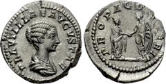 Roman Imperial Coins PLAUTILLA (Augusta, 202-205). Denarius. Rome. Obv: PLAVTILLAE AVGVSTAE. Draped bust right. Rev: PROPAGO IMPERI. Plautilla standing right, clasping hands with Caracalla standing le