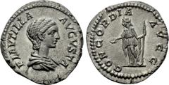 Roman Imperial Coins PLAUTILLA (Augusta, 202-205). Denarius. Rome. Obv: PLAVTILLA AVGVSTA. Draped bust right. Rev: CONCORDIA AVGG. Concordia standing left, holding patera and sceptre. RIC 363a (Caraca