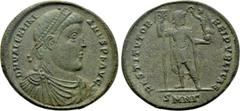 Roman Imperial Coins VALENTINIAN I (364-375). Ae. Nicomedia. Obv: D N VALENTINIANVS P F AVG. Diademed, draped and cuirassed bust right. Rev: RESTITVTOR REIPVBLICAE / SMNΓ. Valentinian standing facing,