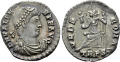 Roman Imperial Coins VALENS (364-378). Siliqua. Treveri. Obv: D N VALENS P F AVG. Diademed, draped and cuirassed bust right. Rev: VRBS ROMA / TRPS•. Roma seated left on throne, holding victoriola and 