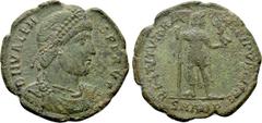 Roman Imperial Coins VALENS (364-378). Ae. Aquileia. Obv: D N VALENS P F AVG. Diademed, draped and cuirassed bust right. Rev: RESTITVTOR REI PVBLICAE / SMAQP. Valens standing facing, head right, holdi
