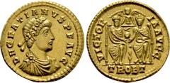 Roman Imperial Coins GRATIAN (367-383). GOLD Solidus. Treveri. Obv: D N GRATIANVS P F AVG. Diademed, draped and cuirassed bust right. Rev: VICTORIA AVGG / TROBT. Valentinian I and Gratian seated facin