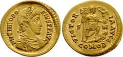 Roman Imperial Coins THEODOSIUS I (379-395). GOLD Solidus. Uncertain military mint. Obv: D N THEODOSIVS P F AVG. Diademed, draped and cuirassed bust right. Rev: VICTORIA AVGG / S - M / COMOB. Theodosi