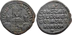 Byzantine Coins BASIL I THE MACEDONIAN with LEO VI and CONSTANTINE (867-886). Follis. Constantinople. Obv: + LЄOҺ ЬASIL COҺST AЧGG. Crowned facing busts of Basil, holding akakia, between Leo and Const