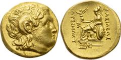 Greek Coins KINGS OF THRACE (Macedonian). Lysimachos (305-281 BC). GOLD Stater. Byzantion. Obv: Diademed head of the deified Alexander right, with horn of Ammon. Rev: ΒΑΣΙΛΕΩΣ / ΛΥΣΙΜΑΧΟΥ. Athena seat