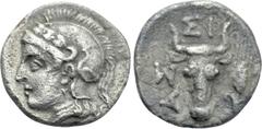 Greek Coins TROAS. Assos. Hemidrachm or Triobol (4th-3rd centuries BC). Obv: Wreathed and helmeted head of Athena left. Rev: AΣΣI. Facing boukranion; grain ear to right. BMC 7; Numismatik Naumann 54, 