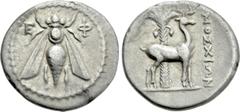 Greek Coins IONIA. Ephesos. Drachm (Circa 202-150 BC). Moschion, magistrate. Obv: Ε - Φ. Bee. Rev: ΜΟΣΧΙΩΝ. Stag standing right; palm tree in background. Kinns, Attic, p. 89; SNG Copenhagen -; CNG E-3