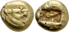 Greek Coins KINGS OF LYDIA. Time of Alyattes to Kroisos (Circa 620/10-550/39 BC). EL Trite or 1/3 Stater. Sardes. Obv: Head of roaring lion right, with star on forehead. Rev: Two incuse square punches
