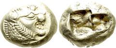 Greek Coins KINGS OF LYDIA. Time of Alyattes to Kroisos (Circa 620/10-550/39 BC). EL Trite or 1/3 Stater. Sardes. Obv: Head of roaring lion right, with star on forehead. Rev: Two incuse square punches