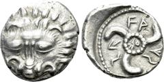Greek Coins DYNASTS OF LYCIA. Wekhssere II (Circa 400-380 BC). Tetrobol. Tlos. Obv: Facing scalp of lion. Rev: Triskeles; two Lycian letters at center; all within pelleted circle within incuse circle.