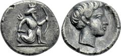 Greek Coins CILICIA. Uncertain. Hemiobol? (4th century BC). Obv: Persian king or hero in kneeling-running stance right, holding dagger and bow, with quiver over shoulder. Rev: Bare male head right wit