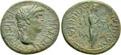 Roman Provincial Coins LYDIA. Maeonia. Nero (54-68). Ae. T. Claudius Menekrates, magistrate. Obv: ΝΕΡΩΝ ΚΑΙΣΑΡ. Laureate head right. Rev: MAIONΩN MENEKPATOYΣ / ЄΠ - TI KΛ. Veiled goddess standing righ