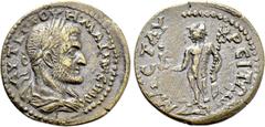 Roman Provincial Coins LYDIA. Mastaura. Maximinus I Thrax (235-238). Ae. Obv: AVT K Γ I OYH MAΞIMЄINOC. Laureate, draped and cuirassed bust right. Rev: MACTAVPЄITΩN. Hermes standing left, holding purs