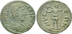 Roman Provincial Coins LYDIA. Nysa. Maximus (Caesar, 235/6-238). Ae. Obv: Γ IOVH MAZIMOC K. Laureate, draped and cuirassed bust right. Rev: NVCAЄΩN. Mên standing left, holding pine cone and sceptre. R