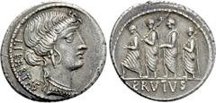 Roman Republican Coins Q. SERVILIUS CAEPIO (M. JUNIUS) BRUTUS. Denarius (54 BC). Rome. Obv: LIBERTAS. Head of Libertas right. Rev: BRVTVS. The consul L. Junius Brutus advancing left between two lictor