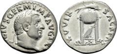 Roman Imperial Coins VITELLIUS (69). Denarius. Rome. Obv: A VITELLIVS GERM IMP AVG TR P. Laureate head right. Rev: XV VIR SACR FAC. Tripod surmounted by dolphin right; below, raven right. RIC² 109. Co