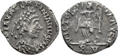 Roman Imperial Coins VALENTINIAN III (425-455). Half Siliqua. Ravenna. Obv: D N PLA VALENTINIANVS P F. Diademed, draped and cuirassed bust right. Rev: VICTORIA AVGG / RV. Victory advancing left, holdi