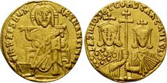 Byzantine Coins BASIL I THE MACEDONIAN with CONSTANTINE (867-886). GOLD Solidus. Constantinople. Obv: + IҺS XPS RЄX RЄGNANTIЧM ✷. Christ Pantokrator seated facing on throne. Rev: ЬASILIOS ЄT COҺSTAҺT 
