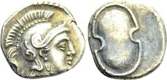 Cilician Coins (Dr. P. Vogl Collection) CILICIA. Tarsos. Balakros (Satrap of Cilicia, 333-323 BC). Tetartemorion(?). Obv: Helmeted head of Athena right. Rev: Boeotian shield; B to left. Ziegler -; cf.