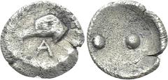 Greek Coins SICILY. Akragas. Hexas or Dionkion (Circa 460-450/46 BC). Obv: Head of eagle left; A below. Rev: Two pellets (mark of value). HGC 2, 120; Gemini VI, lot 13 (which realized a hammer of $1,0