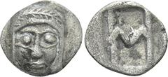 Greek Coins IONIA. Kolophon. Hemiobol (Circa 500-450 BC). Obv: Facing head of Apollo. Rev: HM monogram (mark of value) in incuse square. Milne, Colophon, 4; SNG Kayhan I 355. Though more along the wei