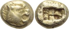 Greek Coins KINGS OF LYDIA. Time of Alyattes to Kroisos (Circa 620/10-550/39 BC). EL Trite or 1/3 Stater. Sardes. Obv: Head of roaring lion right, with star on forehead. Rev: Two incuse square punches