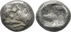 Greek Coins KINGS OF LYDIA. Kroisos (Circa 564/53-550/39 BC). 1/12 Stater. Sardes. Obv: Confronted foreparts of lion and bull. Rev: Incuse square punch. Berk 26-7; Traité I 413; SNG Kayhan I 1020-1. C