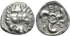 Greek Coins DYNASTS OF LYCIA. Wekhssere II (Circa 400-380 BC). Tetrobol. Tlos. Obv: Facing scalp of lion. Rev: Triskeles; two Lycian letters at center; all within pelleted circle within incuse circle.