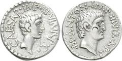 Roman Republican Coins MARK ANTONY and OCTAVIAN. Denarius (40-39 BC). Mint in southern or central Italy. Obv: M ANTON IMP III VIR R P C. Bare head of Mark Antony right. Rev: CAESAR IMP III VIR R P C. 