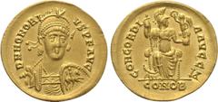 Roman Imperial Coins HONORIUS (393-423). GOLD Solidus. Constantinople. Obv: D N HONORIVS P F AVG. Diademed, helmeted and cuirassed bust facing slightly right, holding spear and shield decorated with h
