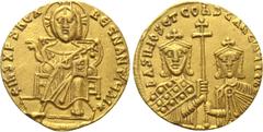 Byzantine Coins BASIL I THE MACEDONIAN with CONSTANTINE (867-886). GOLD Solidus. Constantinople. Obv: + IҺS XPS RЄX RЄGNANTIЧM ✷. Christ Pantokrator seated facing on throne. Rev: ЬASILIOS ЄT COҺSTAҺT 