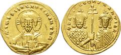 Byzantine Coins BASIL II BULGAROKTONOS with CONSTANTINE VIII (976-1025). GOLD Histamenon Nomisma. Constantinople. Obv: + IҺS XIS RЄX RЄGNANTIҺM. Facing bust of Christ Pantokrator; two pellets in each 