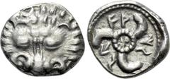 Greek Coins DYNASTS OF LYCIA. Wekhssere II (Circa 400-380 BC). Tetrobol. Tlos. Obv: Facing scalp of lion. Rev: Triskeles; two Lycian letters at center; all within pelleted circle within incuse circle.