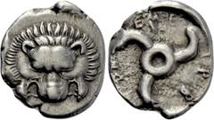 Greek Coins DYNASTS OF LYCIA. Trbbenimi (Circa 390-370 BC). Tetrobol. Uncertain mint. Obv: Facing scalp of lion. Rev: Triskeles within incuse circle. Müseler VIII.25-7; SNG von Aulock 4215. Condition: