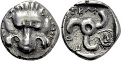 Greek Coins DYNASTS OF LYCIA. Perikles (Circa 380-360 BC). Tetrobol. Uncertain mint, possibly Phellos. Obv: Facing scalp of lion. Rev: Triskeles; in field to left, laureate and draped bust of Apollo f