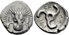 Greek Coins DYNASTS OF LYCIA. Perikles (Circa 380-360 BC). Tetrobol. Uncertain mint, possibly Limyra. Obv: Facing scalp of lion. Rev: Triskeles within incuse circle. Müseler VIII.47-51; SNG von Aulock