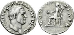 Roman Imperial Coins VITELLIUS (69). Denarius. Rome. Obv: A VITELLIVS GERMANICVS IMP. Bare head right. Rev: CONCORDIA PR. Concordia seated left on throne, holding patera and cornucopia. RIC² 66. In an
