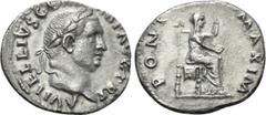 Roman Imperial Coins VITELLIUS (69). Denarius. Rome. Obv: A VITELLIVS GERM IMP AVG TR P. Laureate head right. Rev: PONT MAXIM. Vesta seated right on throne, holding patera and sceptre. RIC² 107. Condi