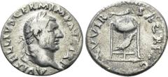 Roman Imperial Coins VITELLIUS (69). Denarius. Rome. Obv: A VITELLIVS GERM IMP AVG TR P. Laureate head right. Rev: XV VIR SACR FAC. Tripod surmounted by dolphin right; below, raven right. RIC² 109. Co