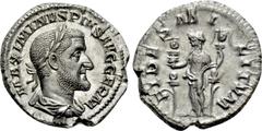 Roman Imperial Coins MAXIMINUS THRAX (235-238). Denarius. Rome. Obv: MAXIMINVS PIVS AVG GERM. Laureate, draped and cuirassed bust right. Rev: FIDES MILITVM. Fides standing left, holding signum in each