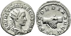 Roman Imperial Coins HERENNIUS ETRUSCUS (Caesar, 249-251). Antoninianus. Rome. Obv: Q HER ETR MES DECIVS NOB C. Radiate, draped and cuirassed bust right. Rev: CONCORDIA AVGG. Clasped hands. RIC 138 (D