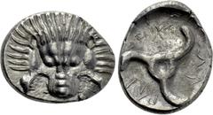 Greek Coins DYNASTS OF LYCIA. Perikles (Circa 380-360 BC). Tetrobol. Uncertain mint, possibly Limyra. Obv: Facing scalp of lion. Rev: Triskeles within incuse circle. Müseler VIII.47-51; SNG von Aulock