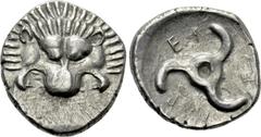 Greek Coins DYNASTS OF LYCIA. Perikles (Circa 380-360 BC). Tetrobol. Uncertain mint, possibly Limyra. Obv: Facing scalp of lion. Rev: Triskeles within incuse circle. Müseler VIII.47-51; SNG von Aulock