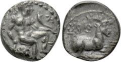 Greek Coins CYPRUS. Salamis. Evagoras I (Circa 411-374 BC). 1/3 Stater. Obv: Herakles seated right on rocks, holding club and cornucopia; Cypriot legend around. Rev: Goat kneeling right; Cypriot legen