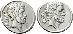 Roman Republican Coins Q. SERVILIUS CAEPIO (M. JUNIUS) BRUTUS (54 BC). Denarius. Rome. Obv: BRVTVS. Bare head of L. Junius Brutus right. Rev: AHALA. Bare head of C. Servilius Ahala right. Crawford 433